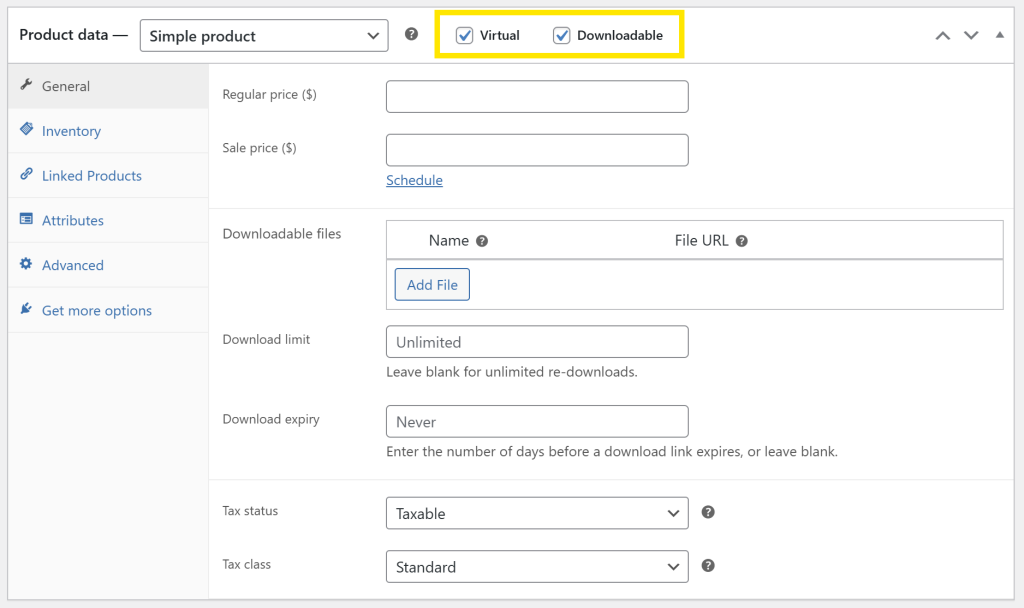 WooCommerce product settings with 'Virtual' and 'Downloadable' checkboxes enabled