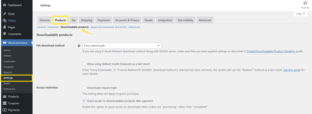 wooccommerce-downloadable-products-settings - Advanced Coupons WooCommerce settings page displaying the 'Downloadable products' section
