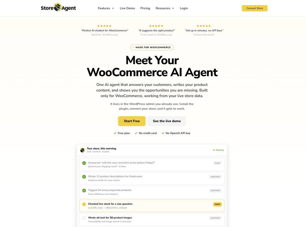 Hero section introducing the WooCommerce AI Agent with the headline “Meet Your WooCommerce AI Agent” and two CTA buttons (Start Free, See the live demo) on a pale background.