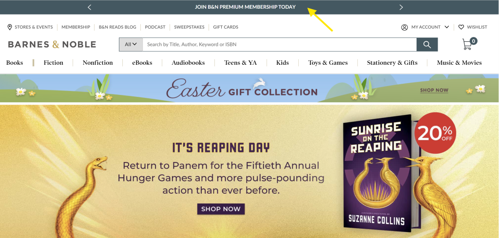Barnes & Noble website with a dark top bar featuring a call to action that says “JOIN B&N PREMIUM MEMBERSHIP TODAY.”