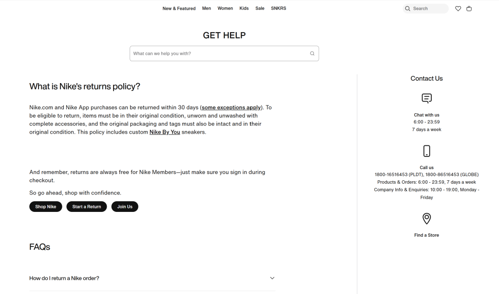 Nike-returns-and-exchange-policy - Advanced Coupons Nike’s return policy page highlighting a 30-day return window, free returns for members, and contact options for support