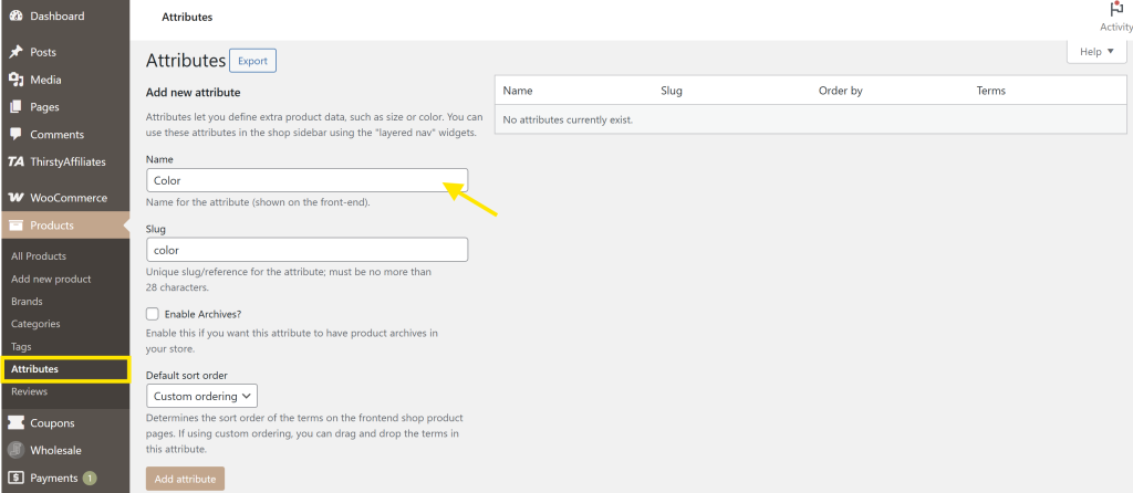 WooCommerce dashboard showing how to add a new attribute named “Color” under the Products > Attributes section 
