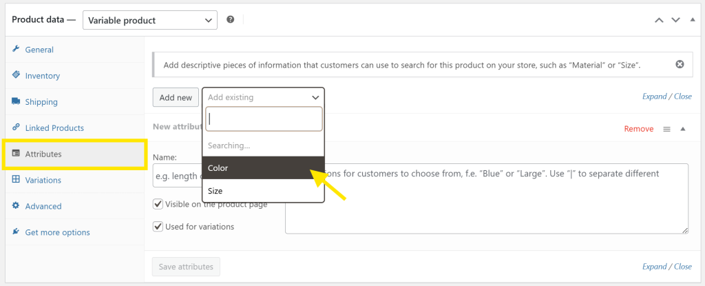 WooCommerce Attributes tab with a dropdown showing selectable attributes such as Color and Size