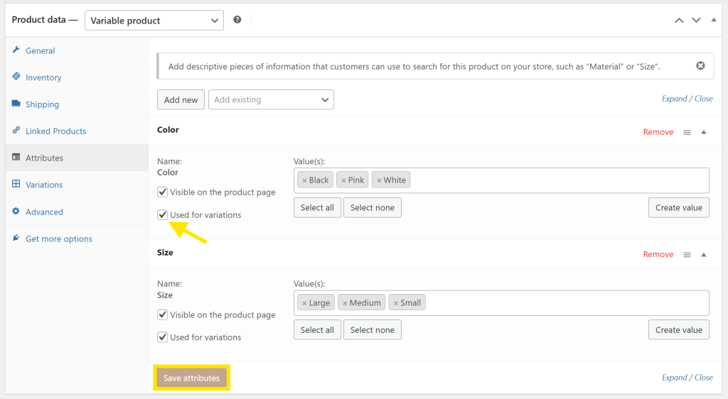 WooCommerce Attributes tab showing Color and Size attributes 