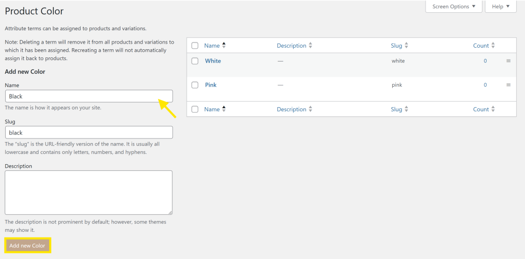 Product Color screen in WooCommerce where a new color term called “Black” is being added, with existing terms for White and Pink