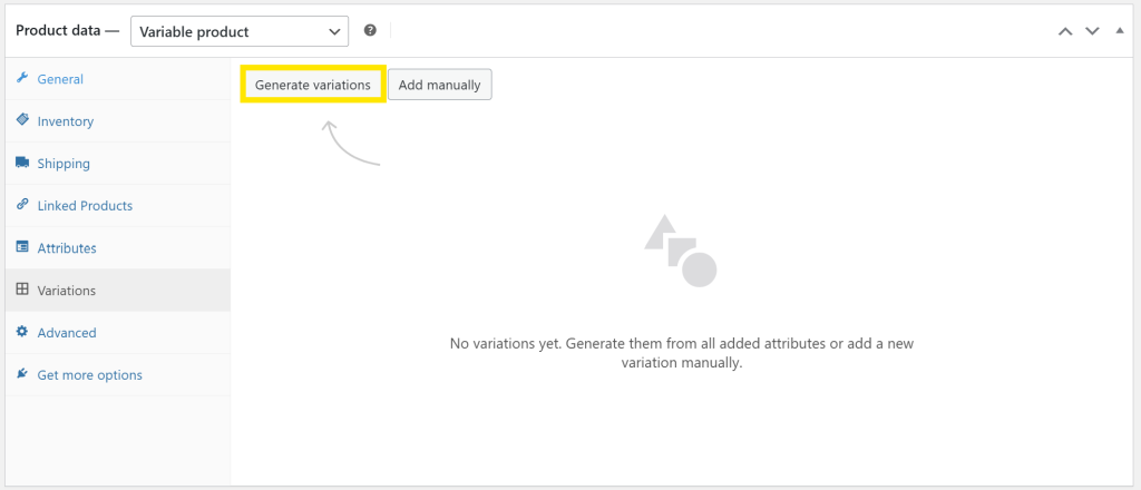 WooCommerce Variations tab with the “Generate variations” button highlighted