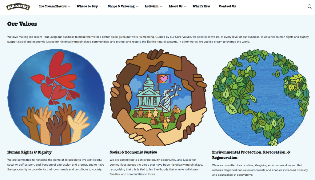Ben & Jerry’s “Our Values” page, highlighting commitments to human rights, social and economic justice, and environmental protection