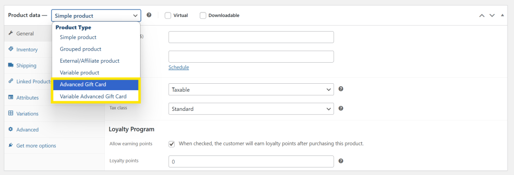 WooCommerce product editor showing the dropdown menu to select “Advanced Gift Card” or “Variable Advanced Gift Card” 