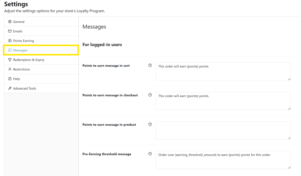 customize messages - Advanced Coupons Loyalty program settings screen showing message fields for displaying points earned in cart, checkout, and product pages