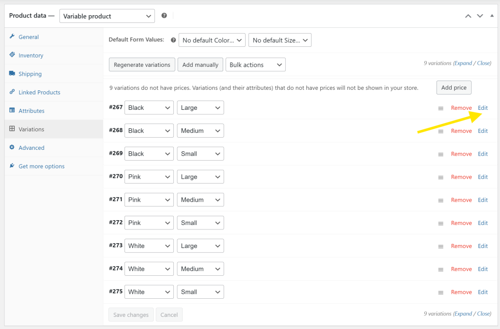 WooCommerce Variations section listing product variation combinations by color and size