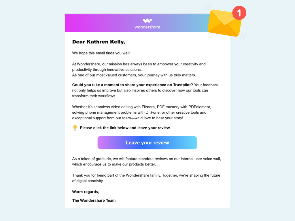 example-wondershare - Advanced Coupons Email from Wondershare asking the customer to leave a review on Trustpilot