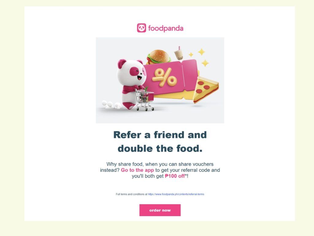 Referral email from Foodpanda encouraging users to refer a friend and receive rewards, with visuals of food and a cartoon panda mascot