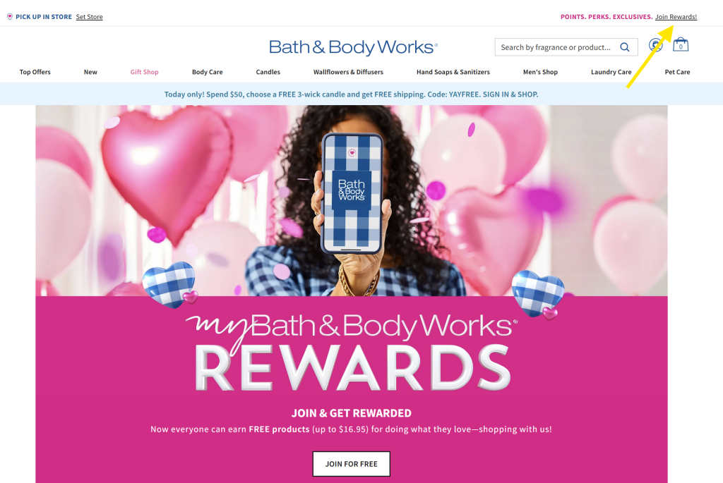 join-rewards-example - Advanced Coupons Bath & Body Works homepage showing a vibrant banner for My Bath & Body Works Rewards