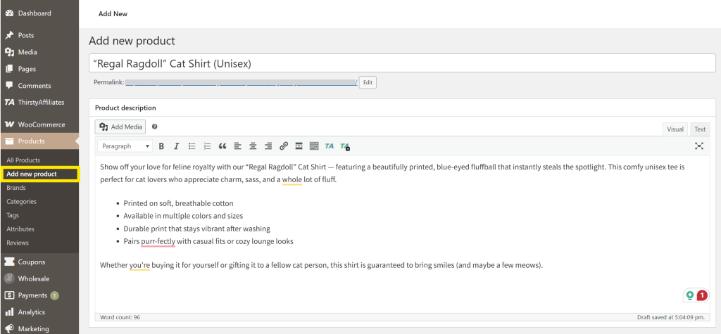 WooCommerce Add New Product page showing a filled-out product title and description for a cat shirt