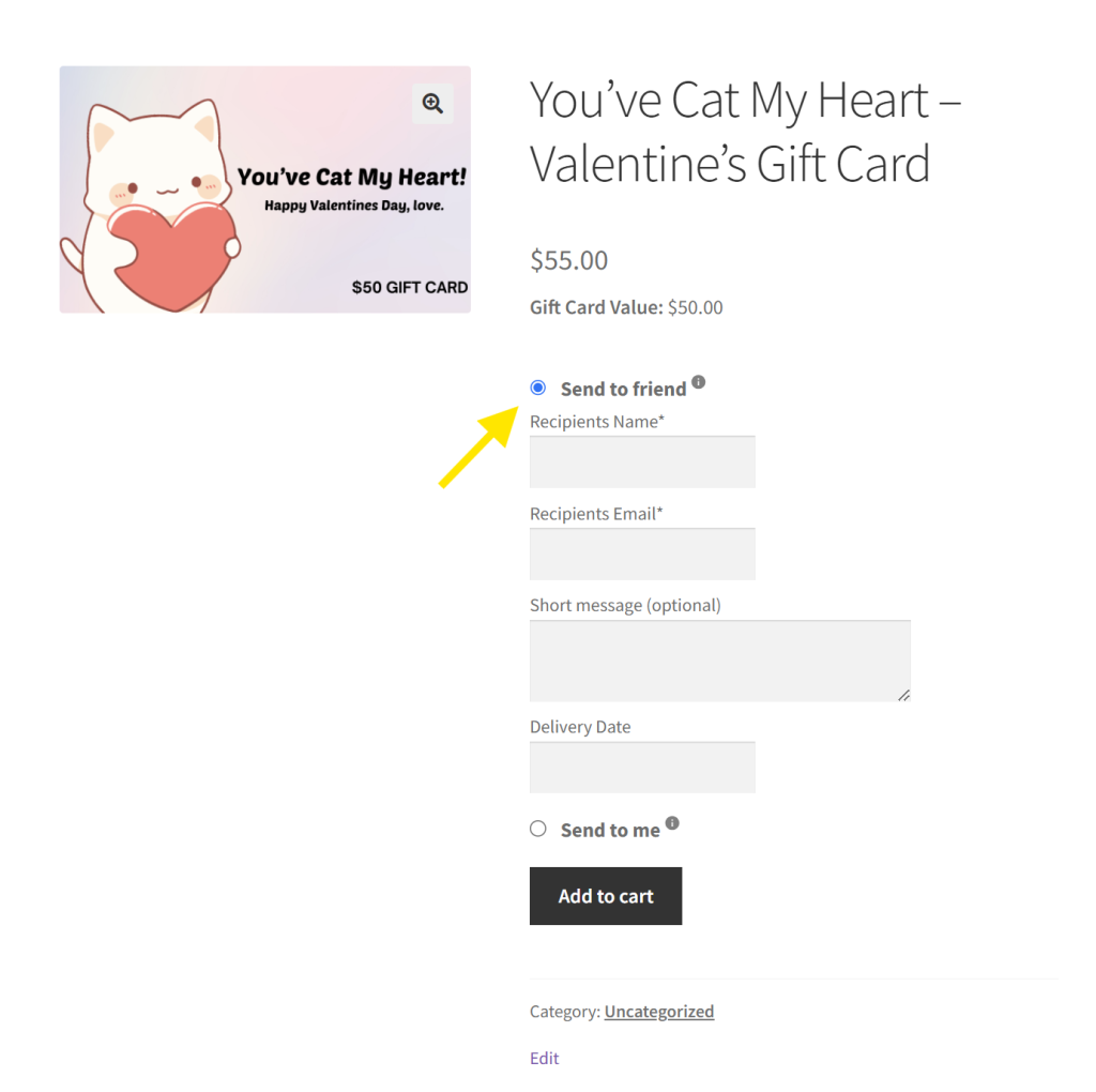 option-to-send-gift-card - Advanced Coupons WooCommerce product page showing a “You’ve Cat My Heart” Valentine’s Day gift card