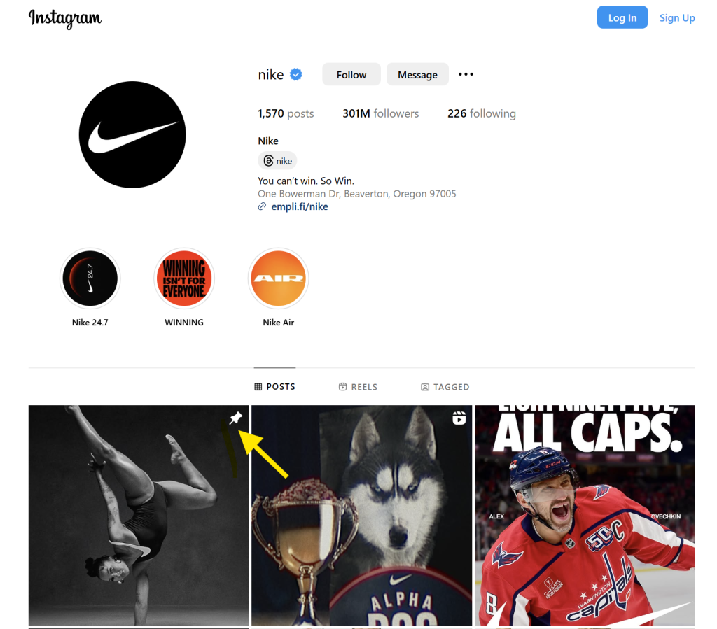 pinning-posts - Advanced Coupons Nike’s Instagram profile showing a pinned post