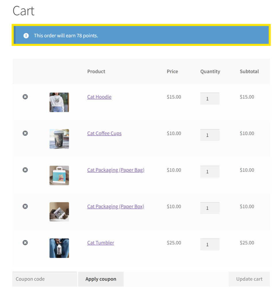 WooCommerce cart page with a message that says “This order will earn 78 points”