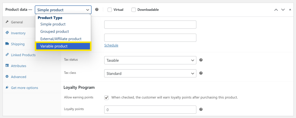 WooCommerce Product Data section showing the dropdown where “Variable product” is selected