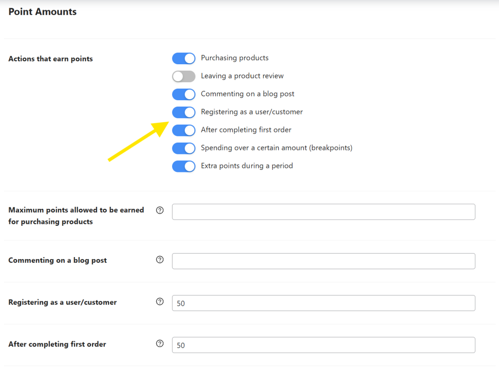 setting-actions-that-earn-points - Advanced Coupons Loyalty program settings showing actions that earn points, including registering as a user, completing a first order, and more