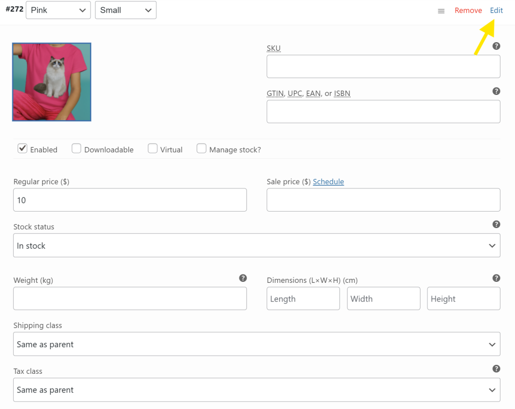 WooCommerce variation settings panel showing editable fields like price, stock status, and more