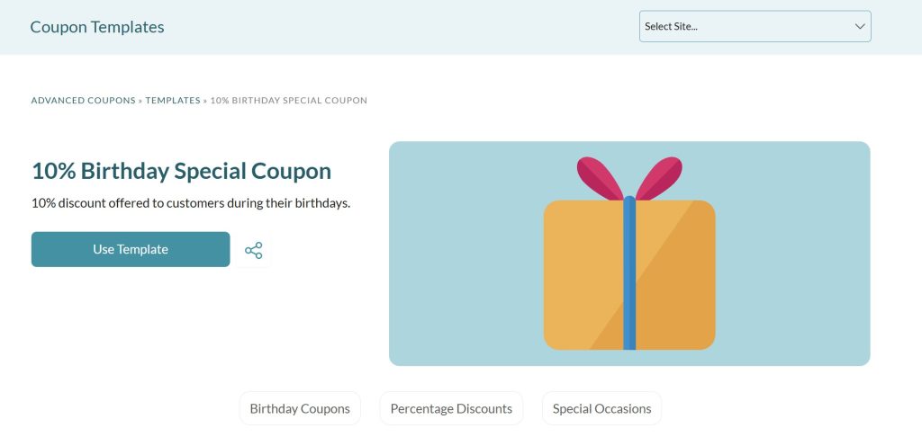 Screenshot of a 10% Birthday Special Coupon template in Advanced Coupons