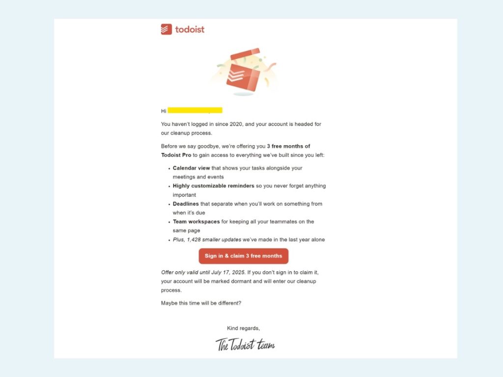 Re-engagement email from Todoist offering 3 free months of Todoist Pro to inactive users, with a list of benefits and a deadline to act