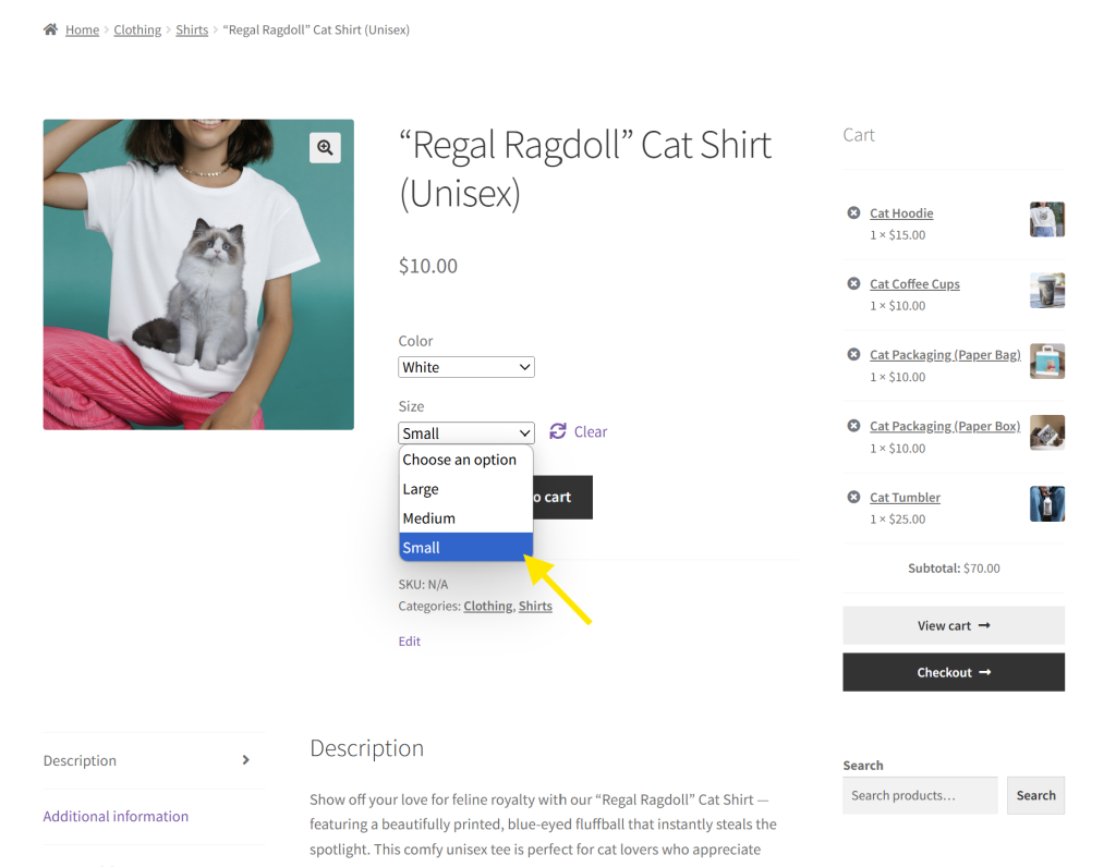 WooCommerce product page showing a dropdown menu for selecting color and size options for a cat shirt