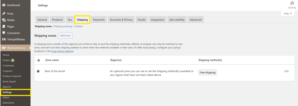 WooCommerce settings page highlighting the Shipping tab