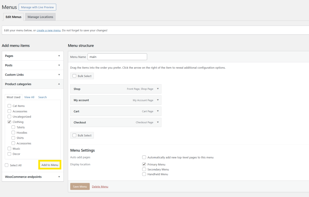 Product categories selected in the WordPress menu editor with Add to Menu button highlighted