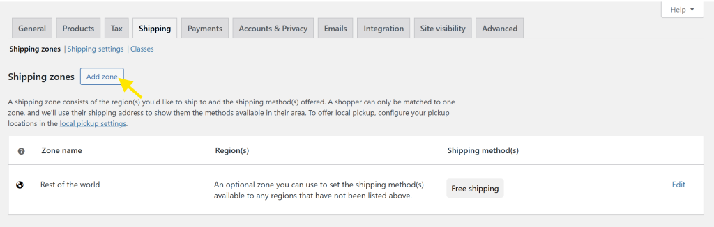 WooCommerce Shipping Zones section with the 'Add zone' button highlighted