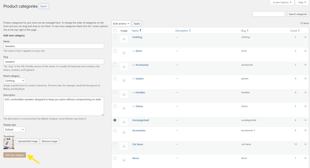 WooCommerce Categories page showing fields for creating a new product category