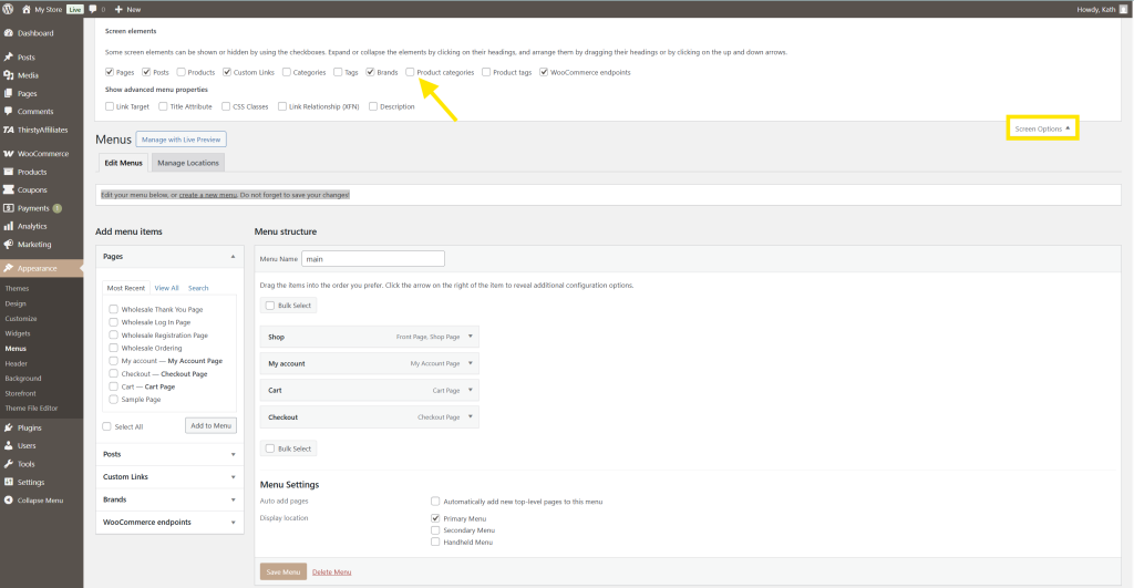 WordPress Menus page with Product Categories enabled via Screen Options