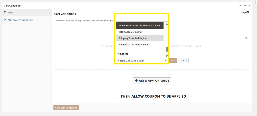 Advanced Coupons cart conditions panel showing dropdown options like shipping zone, total customer spend, and number of customer orders