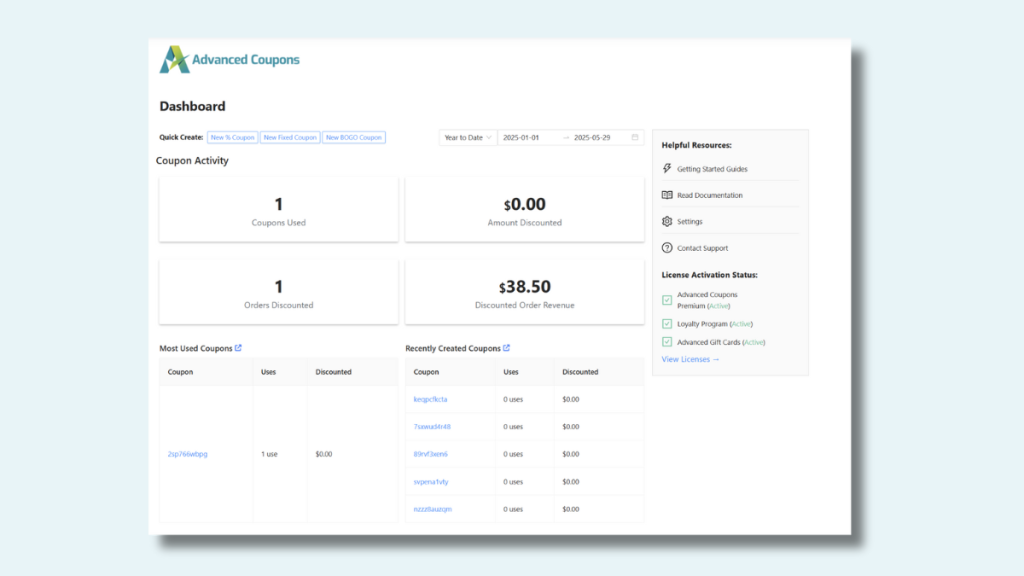 advanced-coupons-sample-coupon-dashboard - Advanced Coupons Screenshot of the Advanced Coupons dashboard showing coupon activity, orders discounted, and most-used coupons