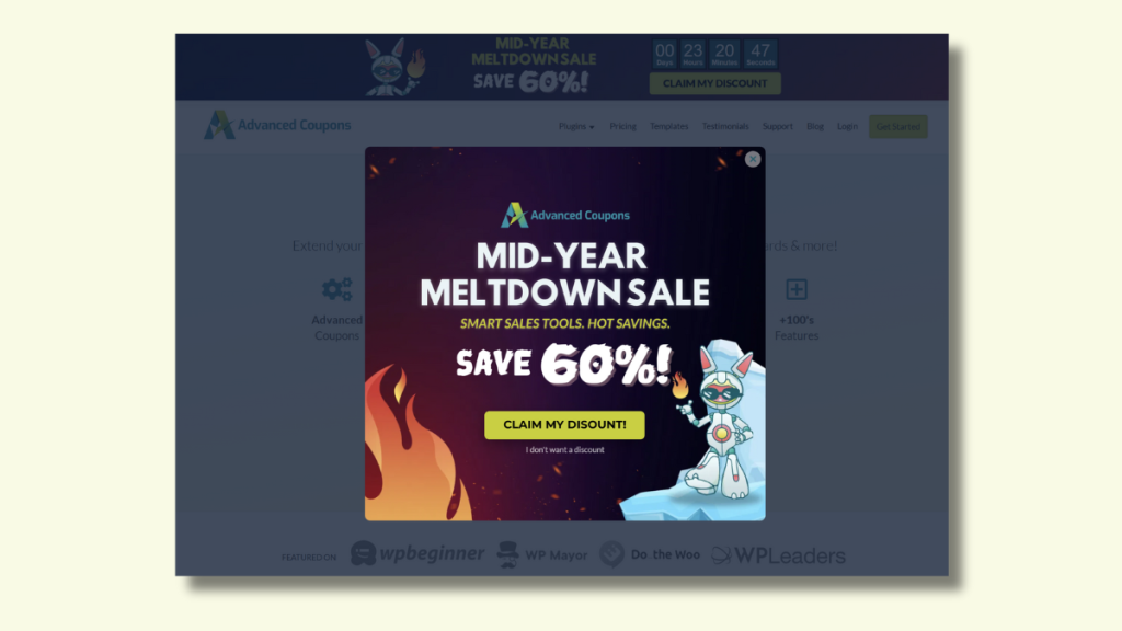 advanced-coupons-sample-website-sale - Advanced Coupons Screenshot of an Advanced Coupons website pop-up promoting a 60% off mid-year sale with a countdown timer