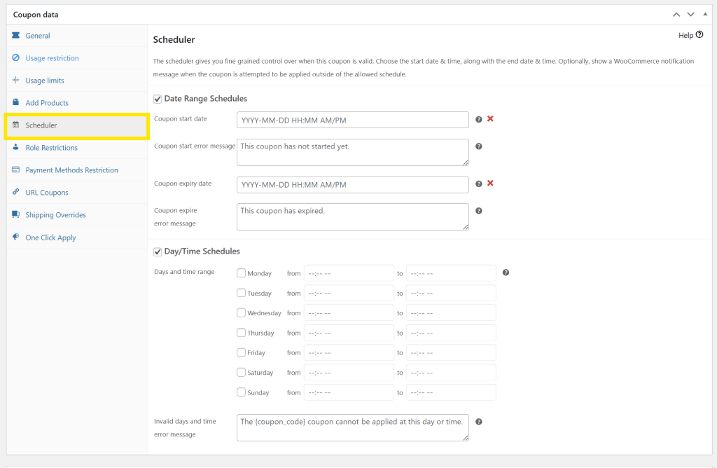 advanced-coupons-scheduler - Advanced Coupons Advanced Coupons’ Scheduler tab showing advanced date and time scheduling options for coupons
