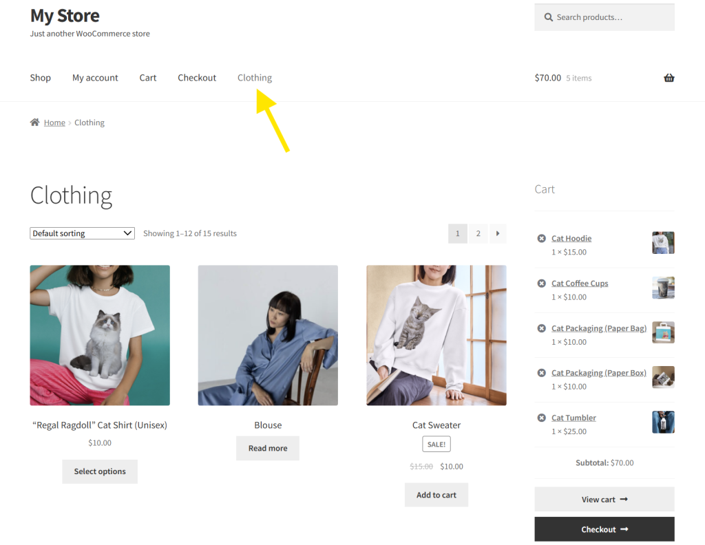 WooCommerce shop page displaying products within the “Clothing” category