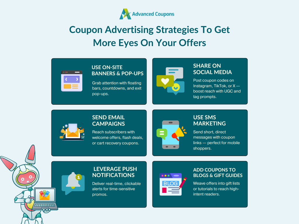 coupon-advertising-strategies-infographic - Advanced Coupons Infographic showing six coupon advertising strategies: use on-site banners, send email campaigns, leverage push notifications, and more.