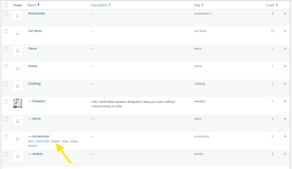 WooCommerce Categories list with the “Delete” option highlighted under a product category