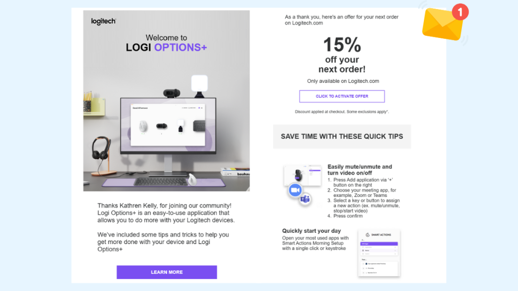 Logitech welcome email showing a 15% discount offer for new users who joined the Logi Options+ community 