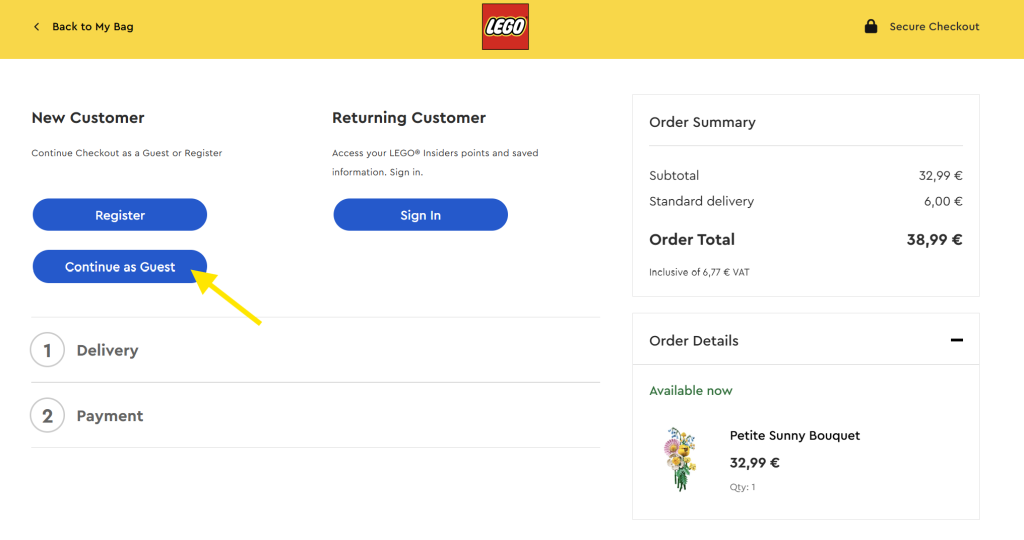 lego-guest-checkout-example - Advanced Coupons LEGO checkout page with a highlighted “Continue as Guest” button, showing an example of user-friendly guest checkout flow
