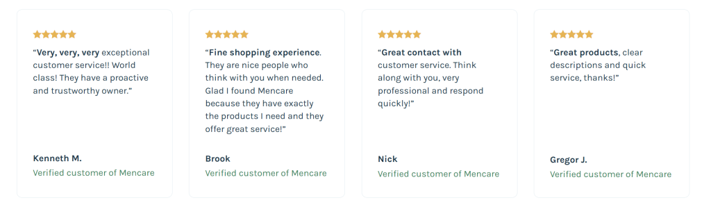 Four customer reviews on Mencare’s website highlighting satisfaction with product quality and service