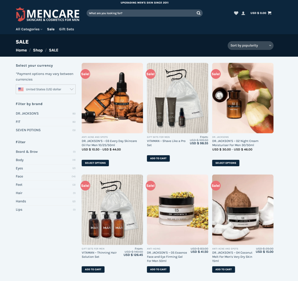 Mencare’s online store showing skincare products on sale, demonstrating how personalized offers and discounts appear on the storefront 