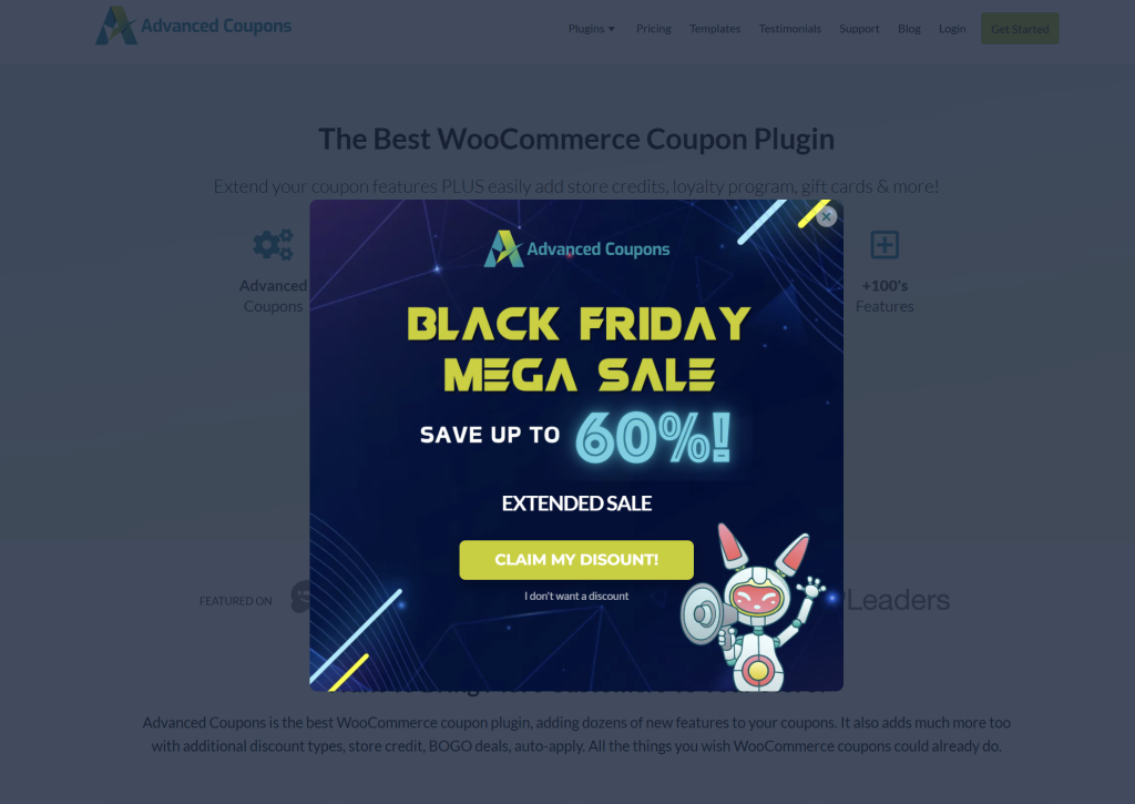 pop-up-example-advanced-coupons - Advanced Coupons Website popup from Advanced Coupons promoting a Black Friday Mega Sale with up to 60% off.