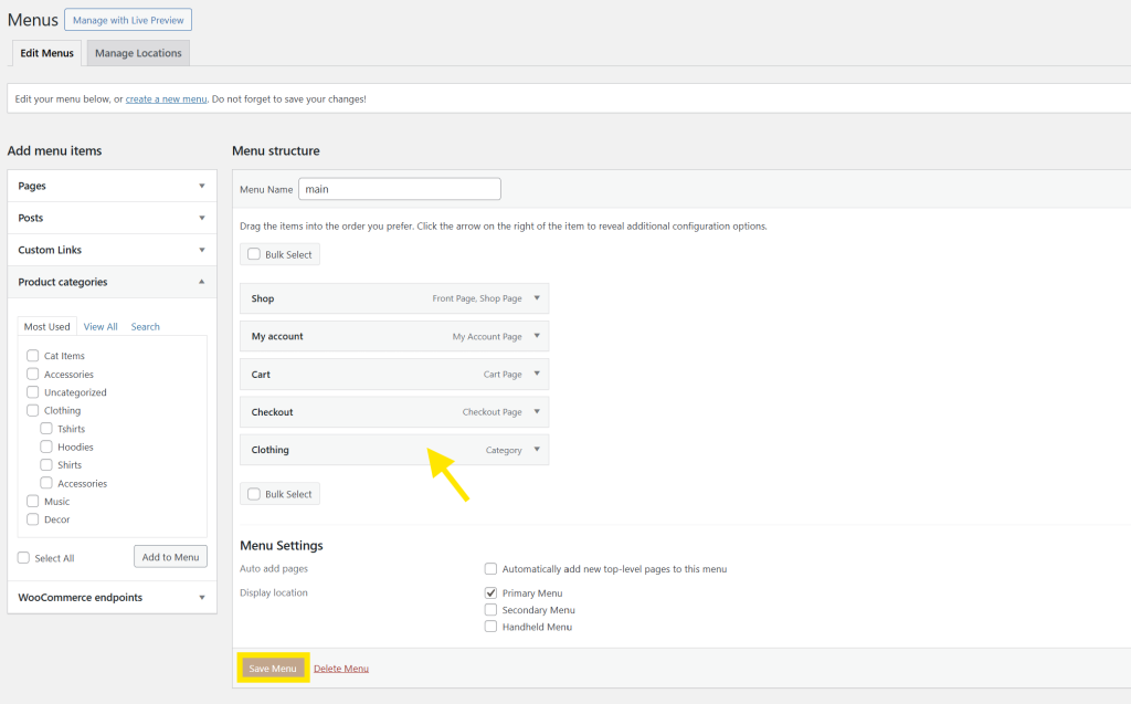WooCommerce menu structure with product category added and Save Menu button highlighted