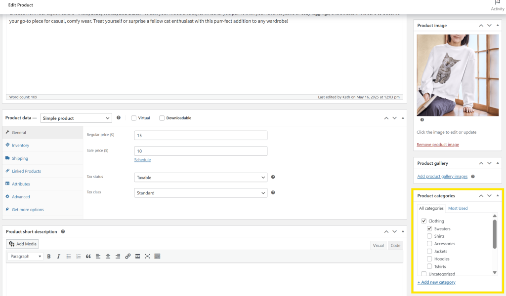 WooCommerce product edit screen with “Sweaters” selected in the Product Categories panel
