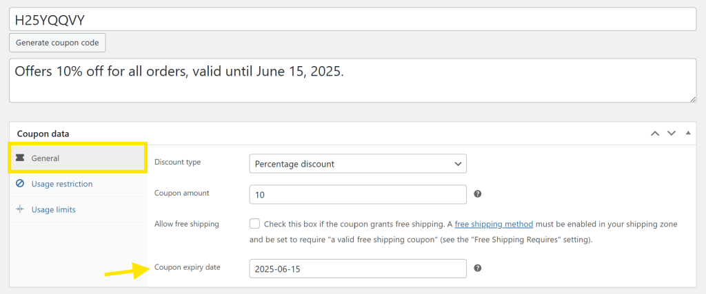 setting-coupon-expiry-date - Advanced Coupons Screenshot of WooCommerce’s coupon data settings showing how to set a basic coupon expiry date under the General tab