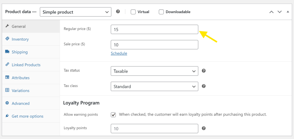 WooCommerce product data panel showing fields for regular price and sale price 