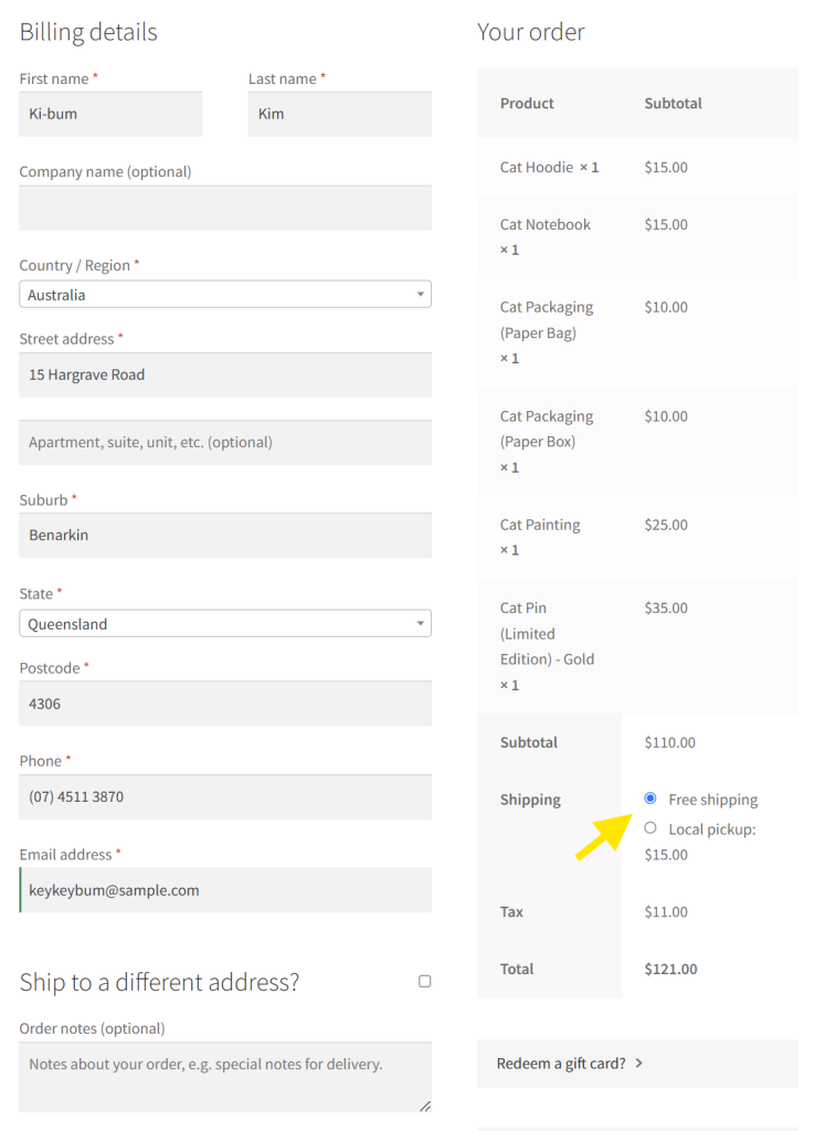 shipping-test - Advanced Coupons WooCommerce checkout page showing available shipping options