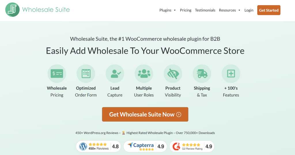 Wholesale Suite homepage highlighting features like wholesale pricing, lead capture, and more